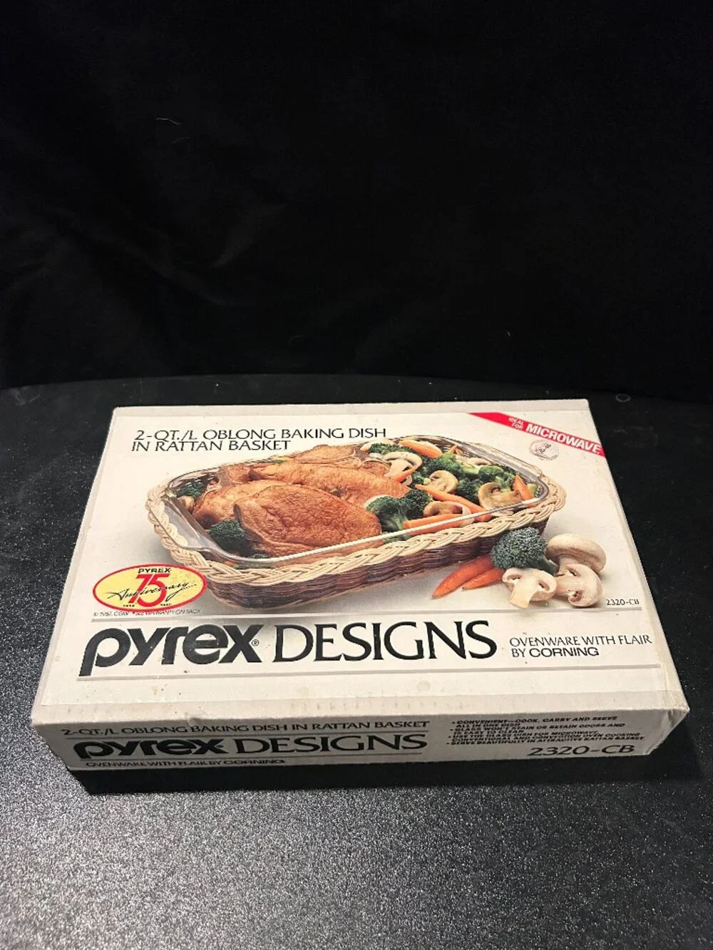 Vintage 1990 Pyrex 75th Anniversary 2 Qt Baking Dish Rattan Basket - New in Box